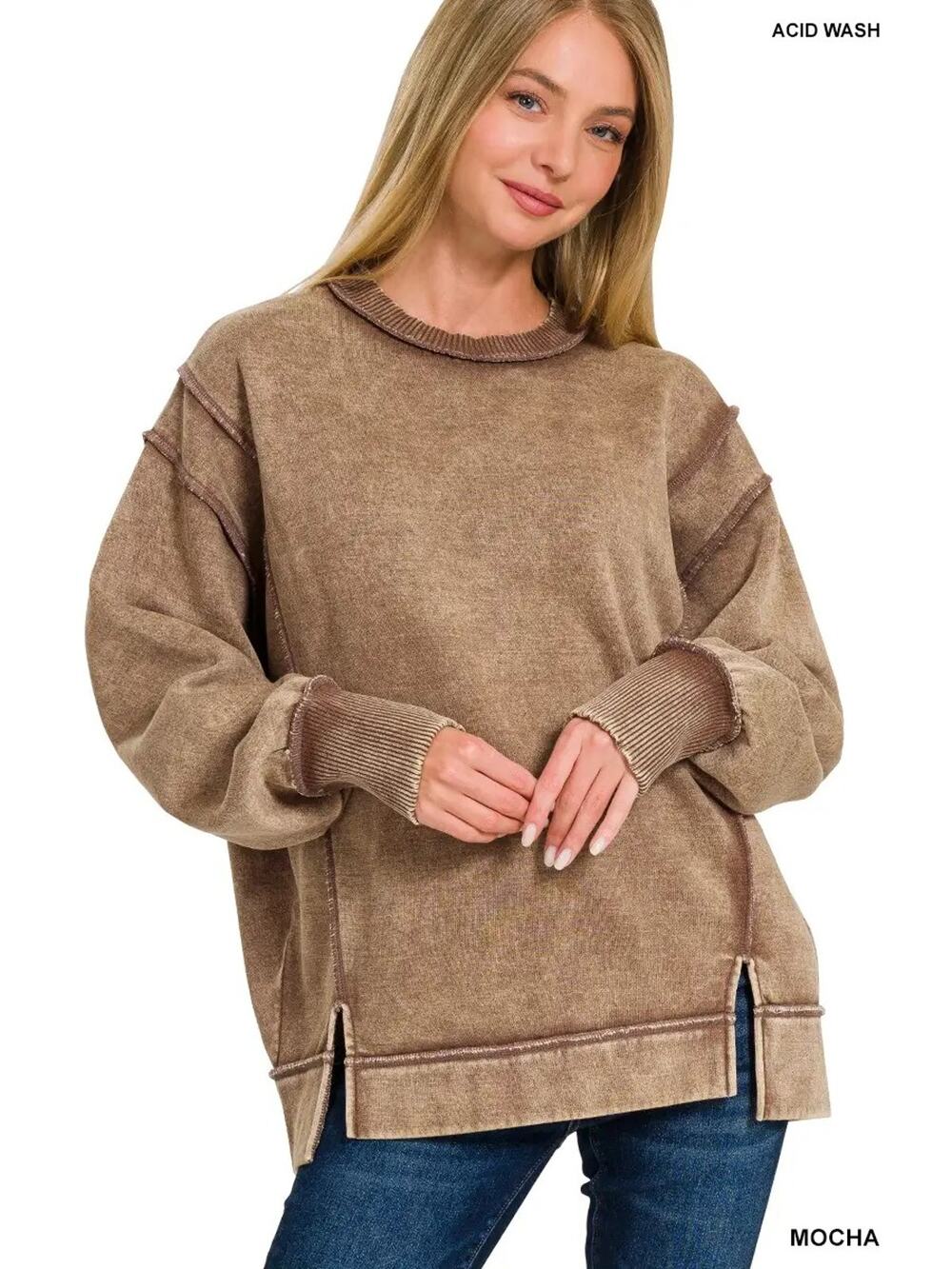NWT Zenana Mocha Washed Slit Fleece Crewneck Soft Sweatshirt Women’s Medium